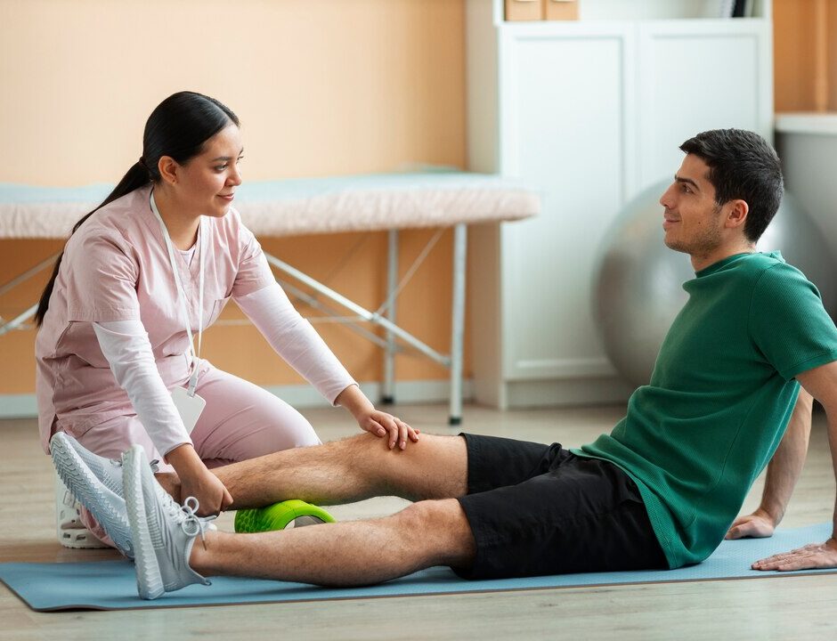 Support worker assisting client during functional capacity assessment